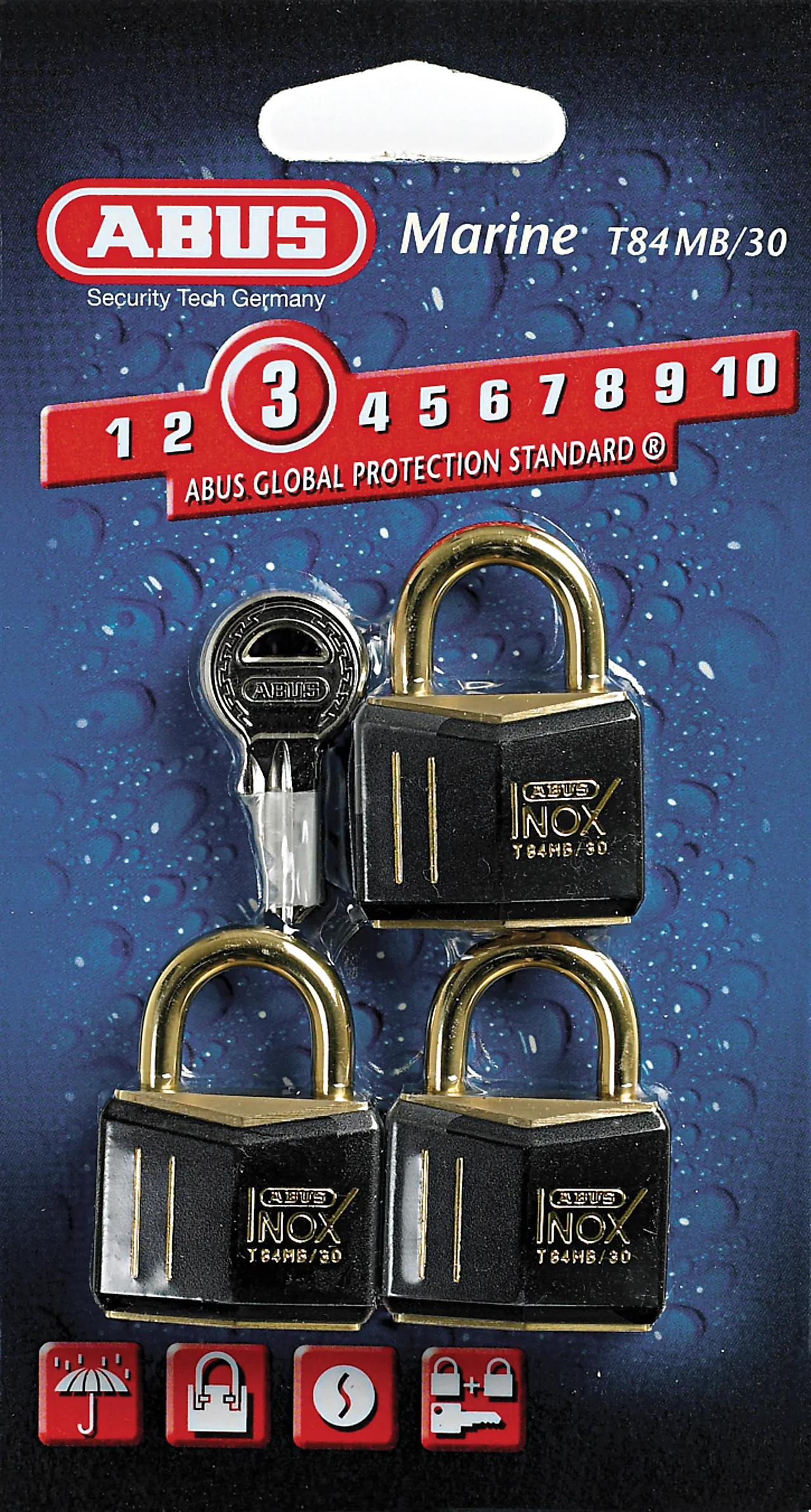 Hengelås t84mb/30c 3pakn. abus messinglås m/sort plast