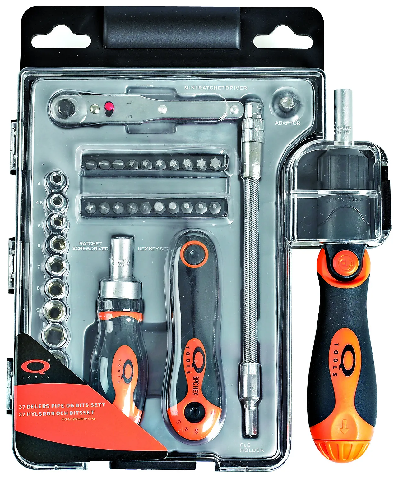 Q-tools pipenøkkel- og bitssett 37 deler