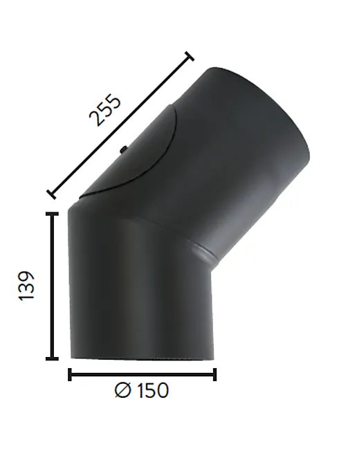 Røykrør ø150 45 gr kne m/luke 2,3mm matt sort emalje