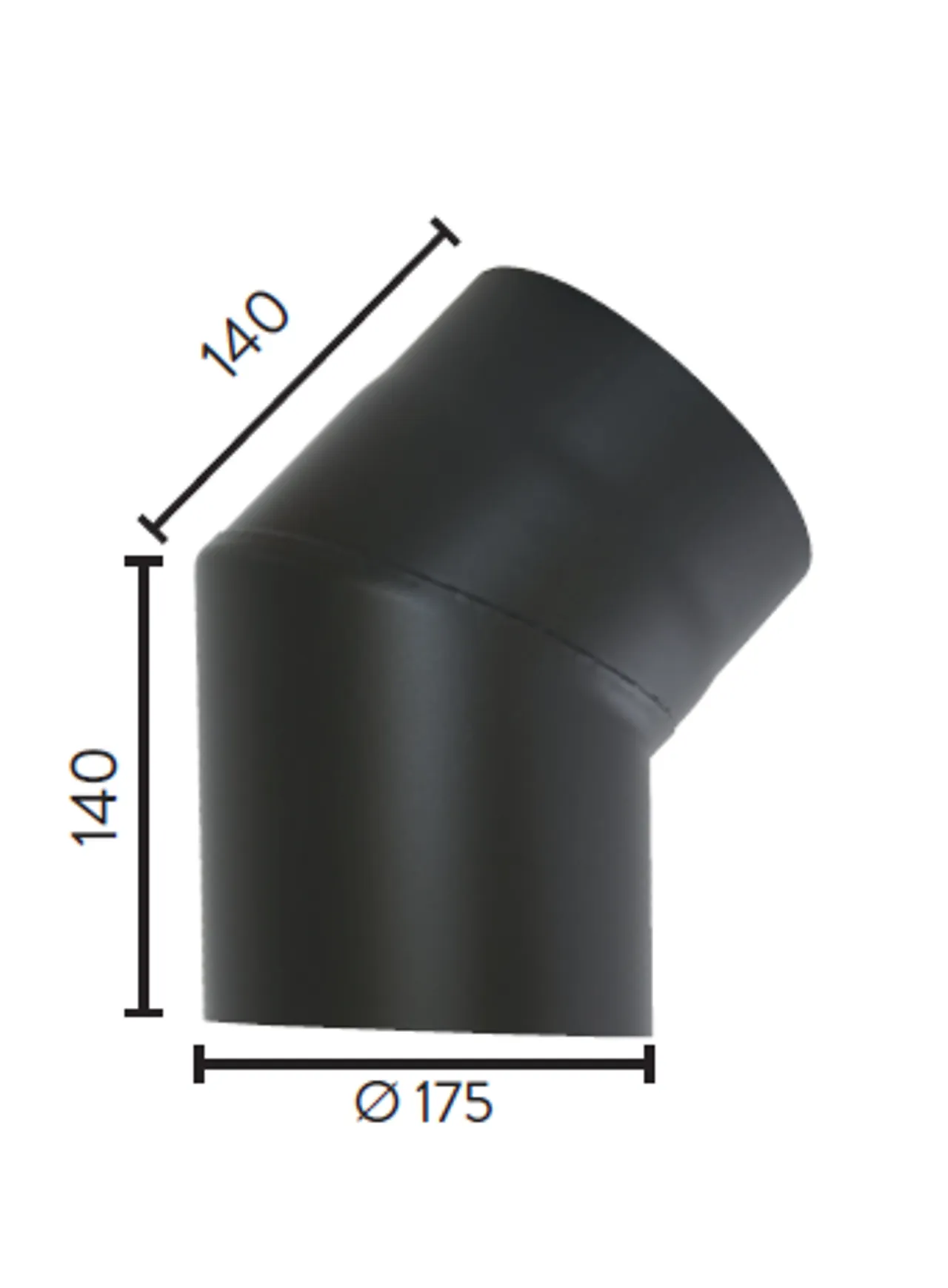 Røykrør ø175 45gr kne uten luke mbe matt sort emalje 2,3mm