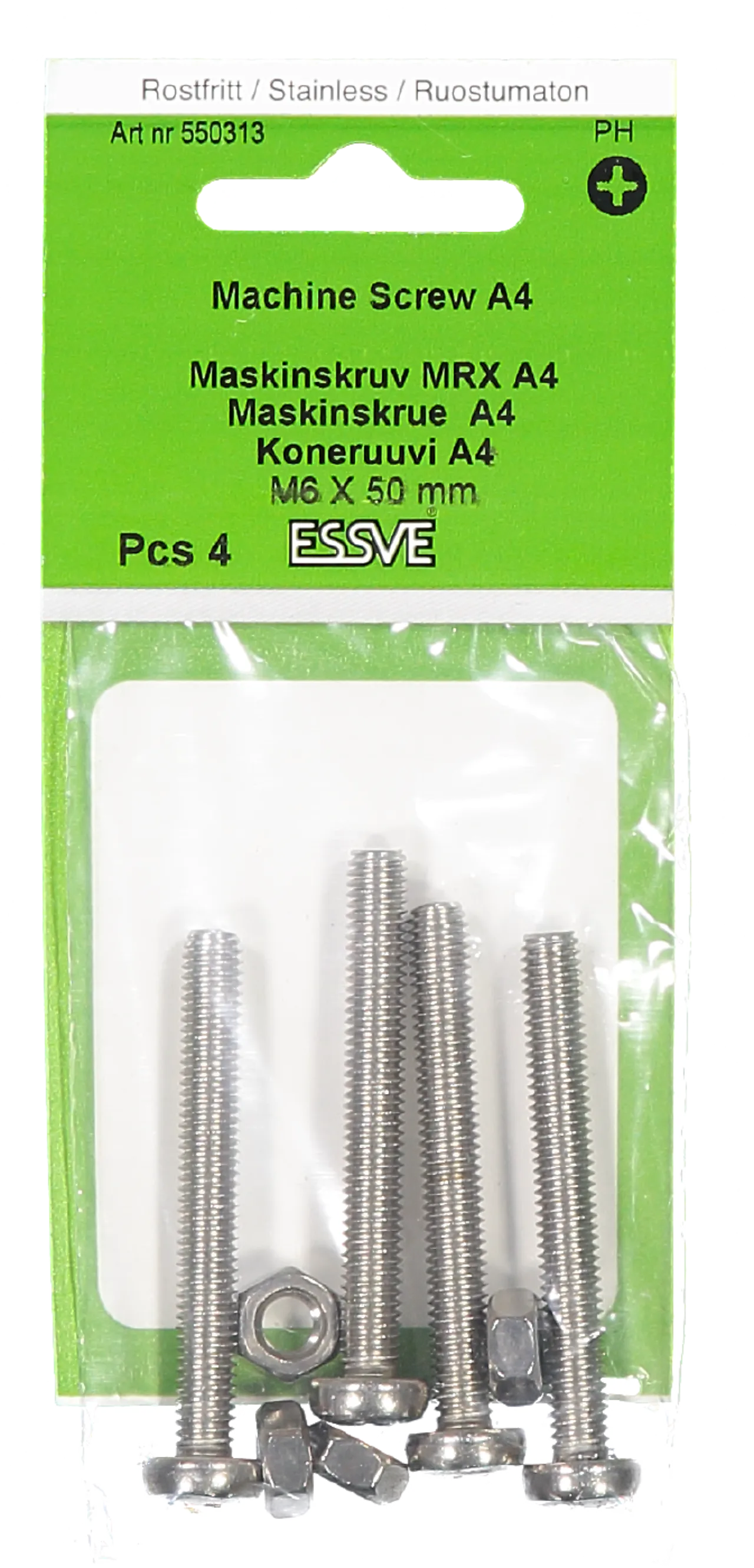 Maskinskrue m/mut ph m6x50 a4-4 med mutter og panhode a4 syrefast Maskinskrue m/mut ph m6x50 a4-4 med mutter og panhode a4 syrefast