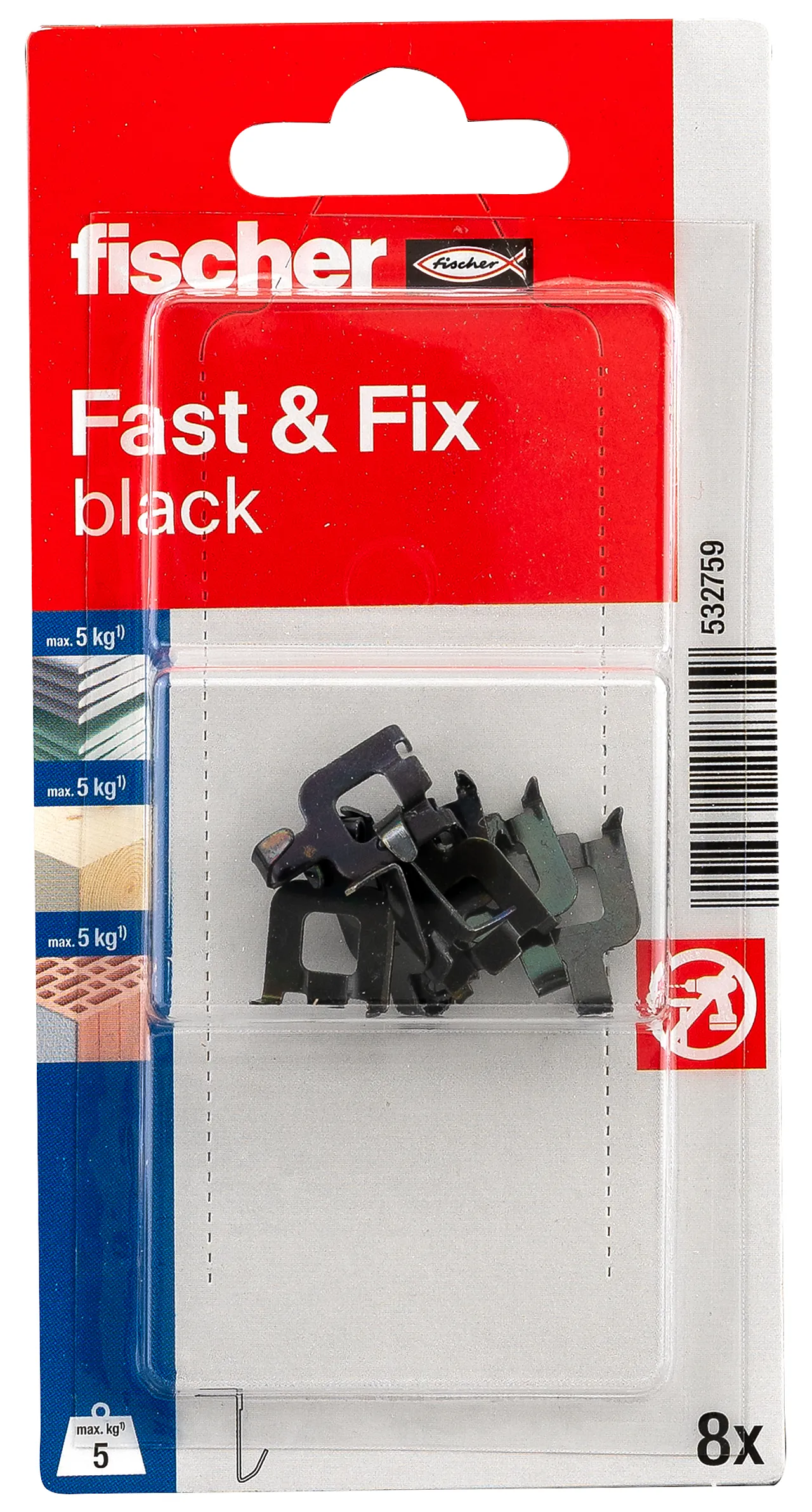 Opphengskrok Fast & Fix sort blisterkort a 8 stk null - 1 - 2 - Miniatyr
