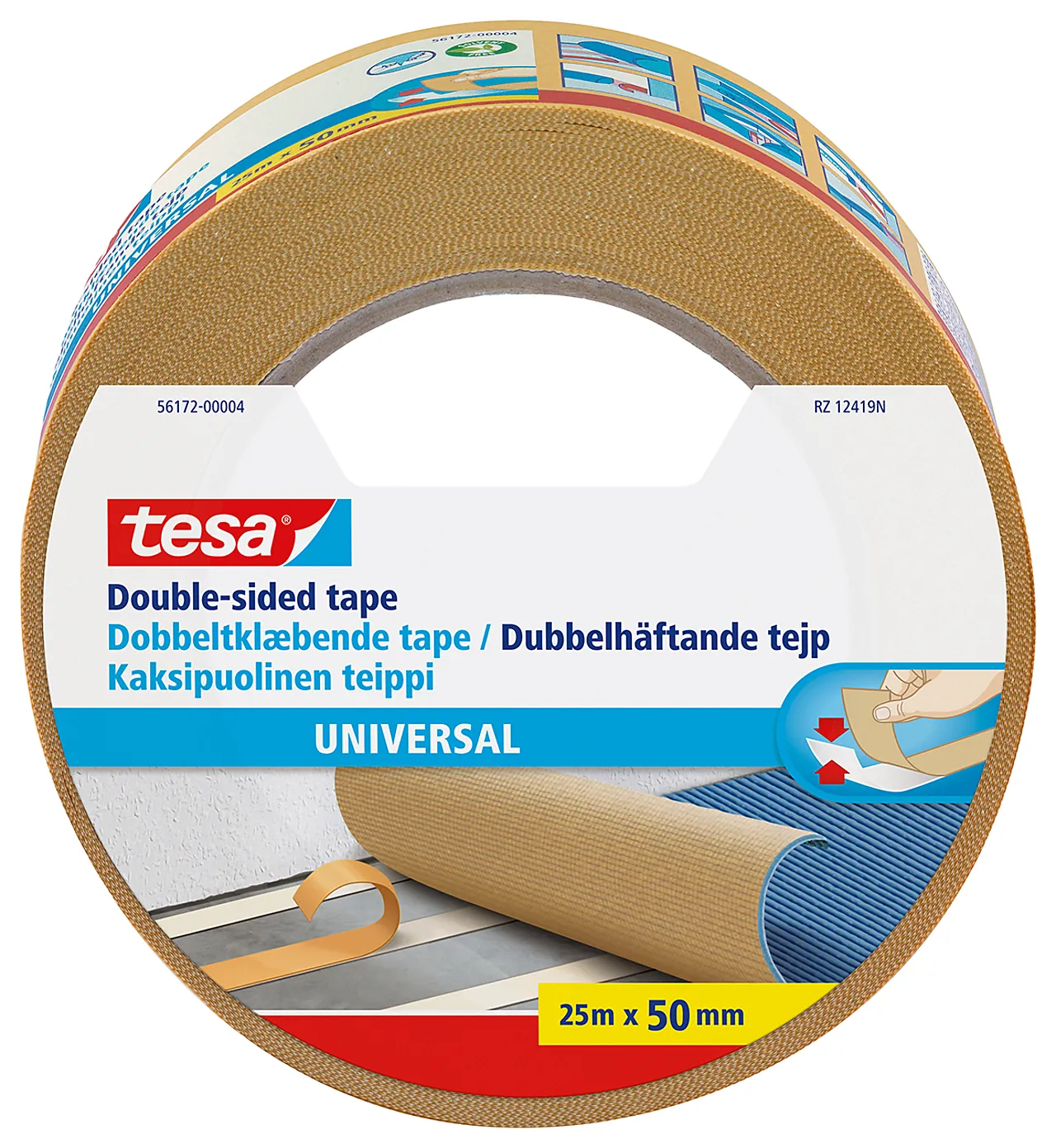 Teppetape universal 25m x 50mm inne dobbeltsidig permanent montering Teppetape universal 25m x 50mm inne dobbeltsidig permanent montering