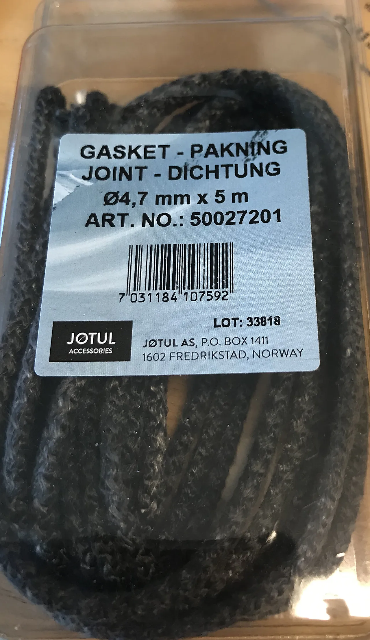 Pakningssnor 5 meter ø 8,6 mm