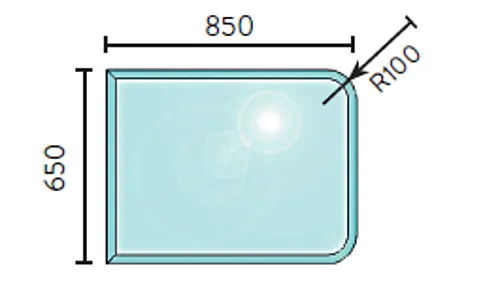Gulvplate glass 650 x 850 mm radie på avrundede hjørner fasett