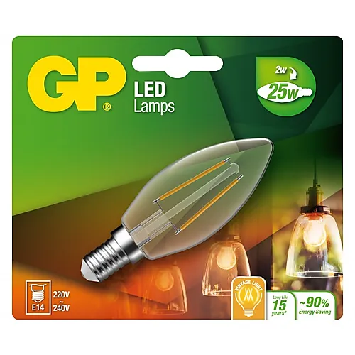 Lyspære led filament kronepære mini candle E14 2 Watt