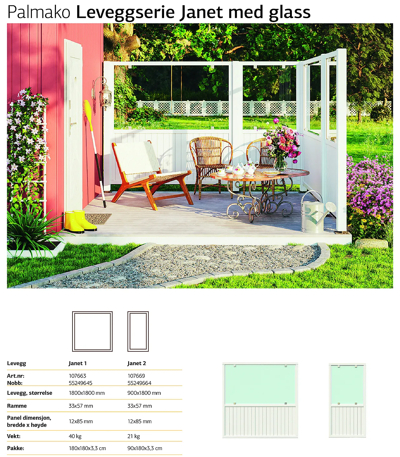 Levegg JANET1 180x180 cm med glass hvitmalt RAL 9016