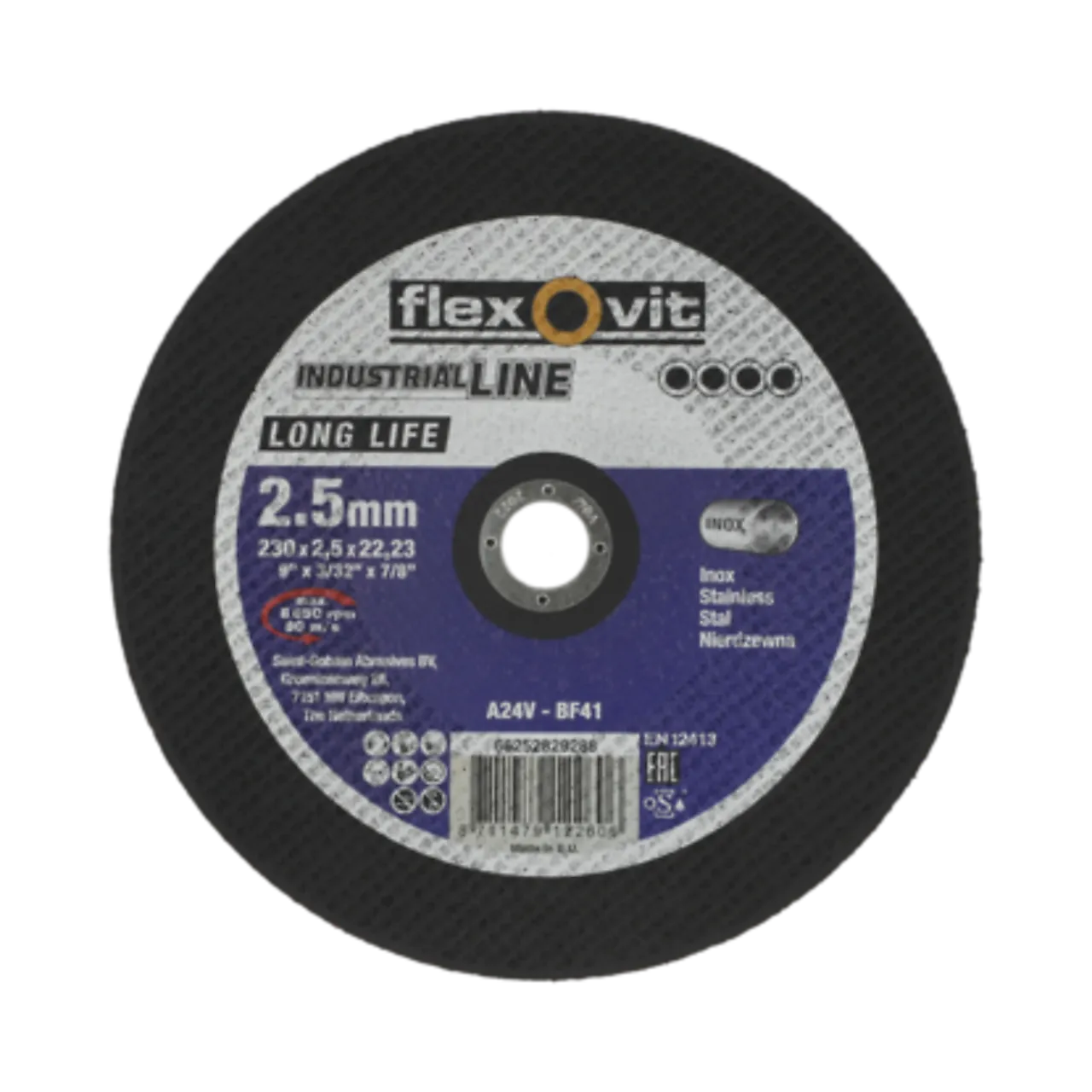 Kappeskive stål 230x2,5 fi flexovit long life inox a24v Kappeskive stål 230x2,5 fi flexovit long life inox a24v