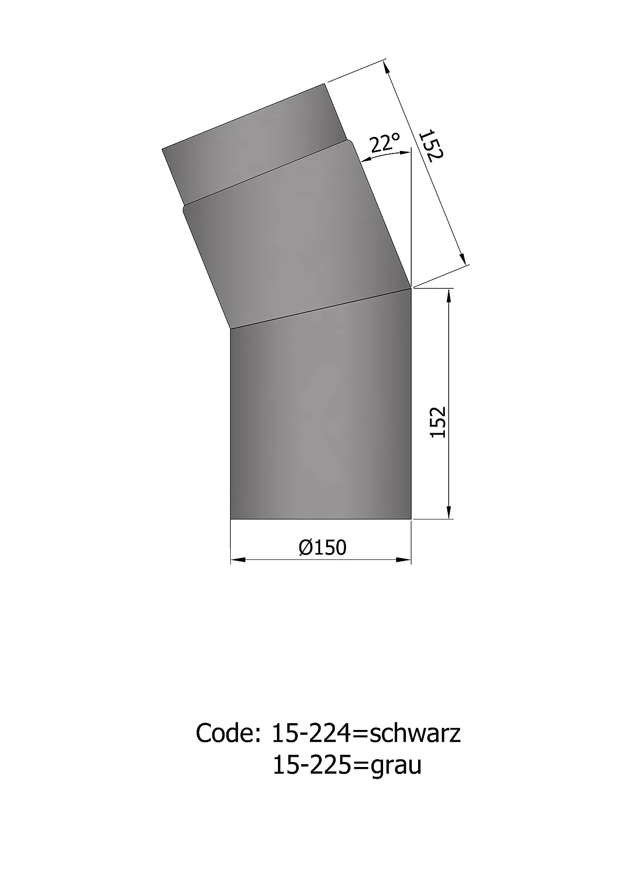 Røykrør vinkel ø150mm 22° kort sort Røykrør vinkel ø150mm 22° kort sort