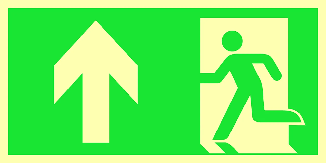 Skilt nødut pil opp 15x30 cm 1,2 mm etterlysende alu 150 mcd