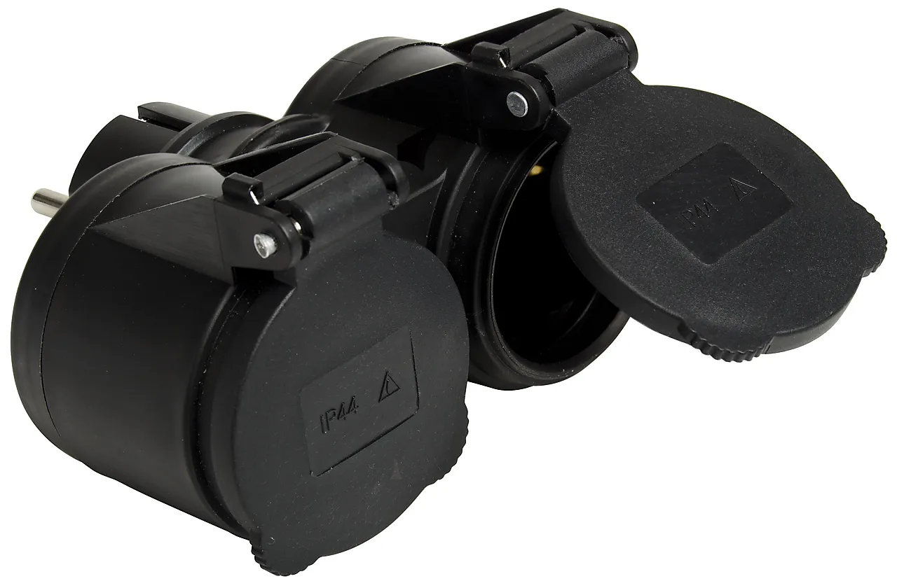 Dobbelstøpsel m jord ip44 svart godkjent utendørs Dobbelstøpsel m jord ip44 svart godkjent utendørs