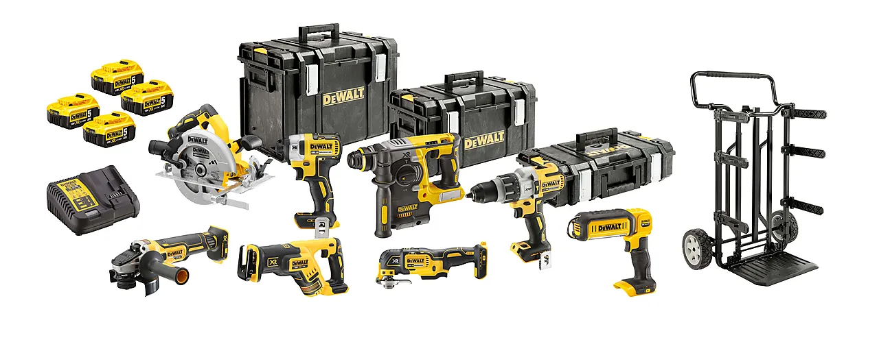18V verktøysett DCK853P4 8 produkter, 4 batterier, lader og tralle