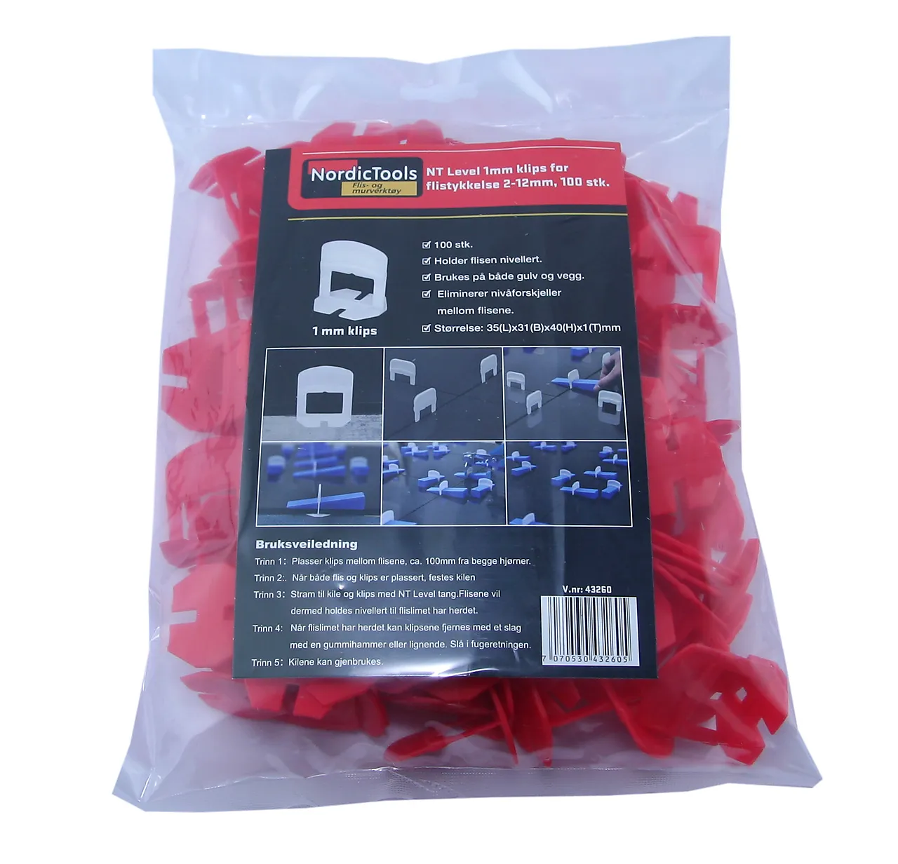 Nivelleringsklips 1mm pk a 100 stk nordic tools