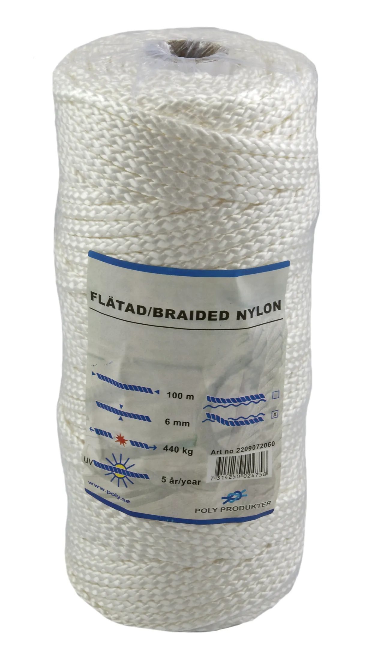 Tau 6mm 100m hv spl flettet nylon 8-flettet hvit x-spole