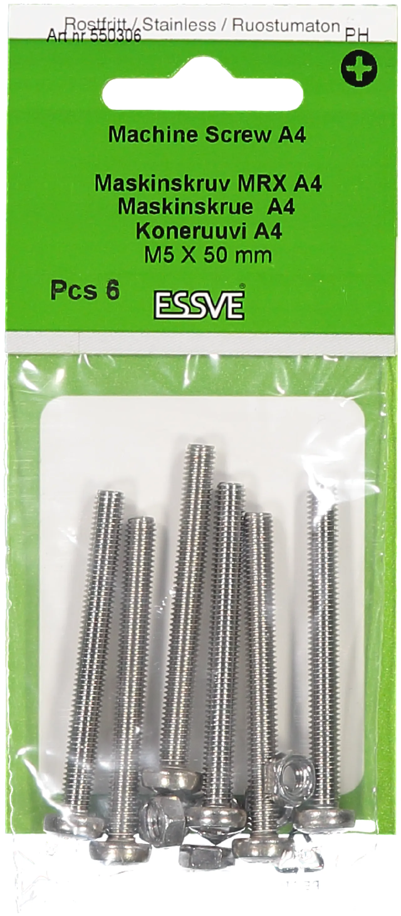 Maskinskrue m/mut ph m5x50 a4-6 med mutter og panhode a4 syrefast Maskinskrue m/mut ph m5x50 a4-6 med mutter og panhode a4 syrefast