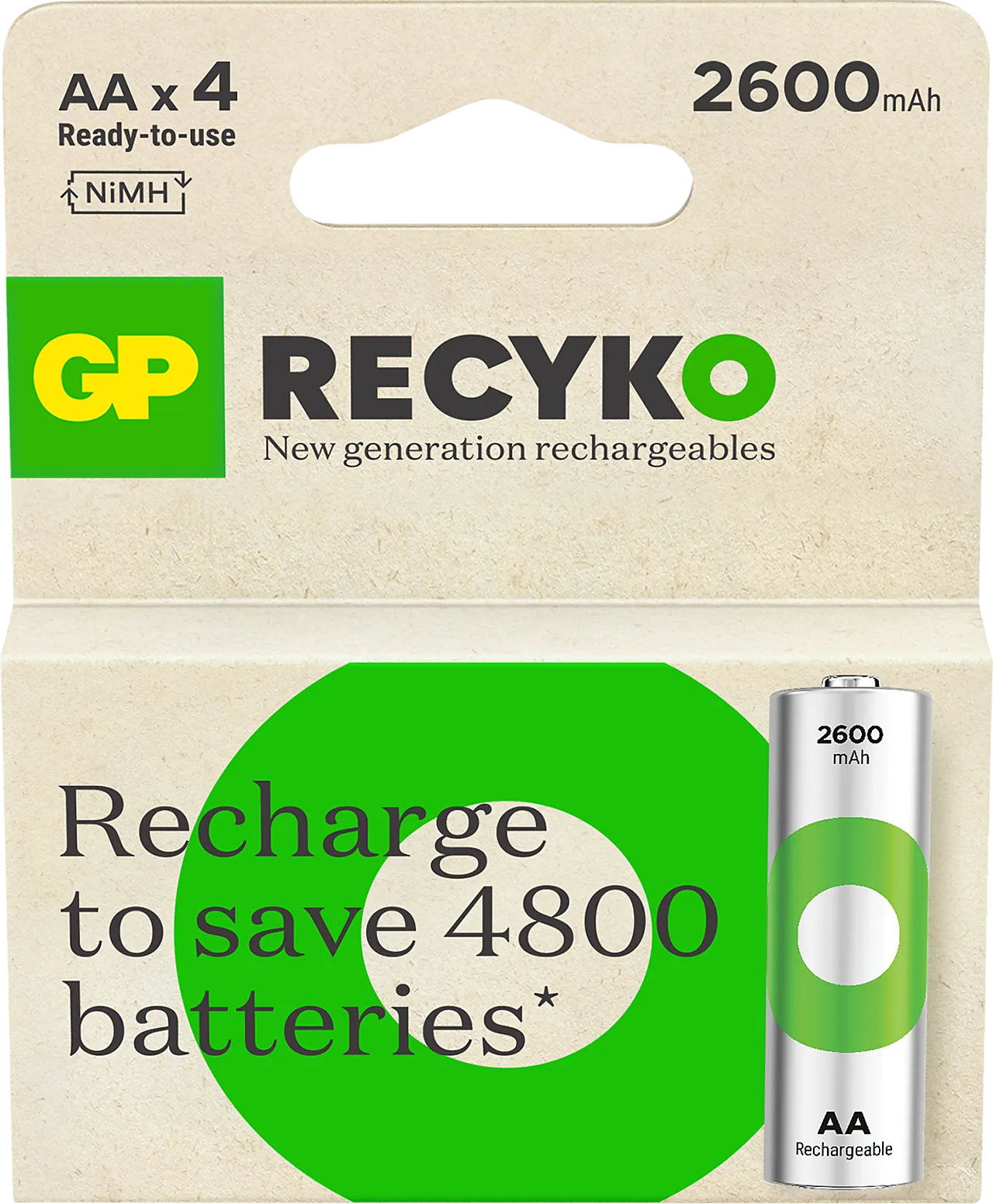 Batteri ladbar nimh aa 2600mah 4pk gp recyko 4-pakk paper box null - null - 2 - Miniatyr