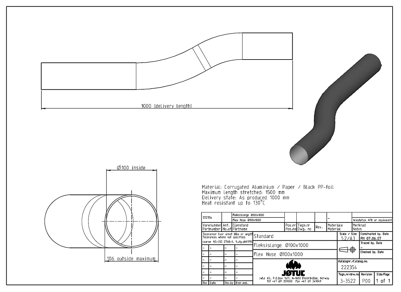 Slange til peis fleksibel Ø100 mm 1 meter Slange til peis fleksibel Ø100 mm 1 meter