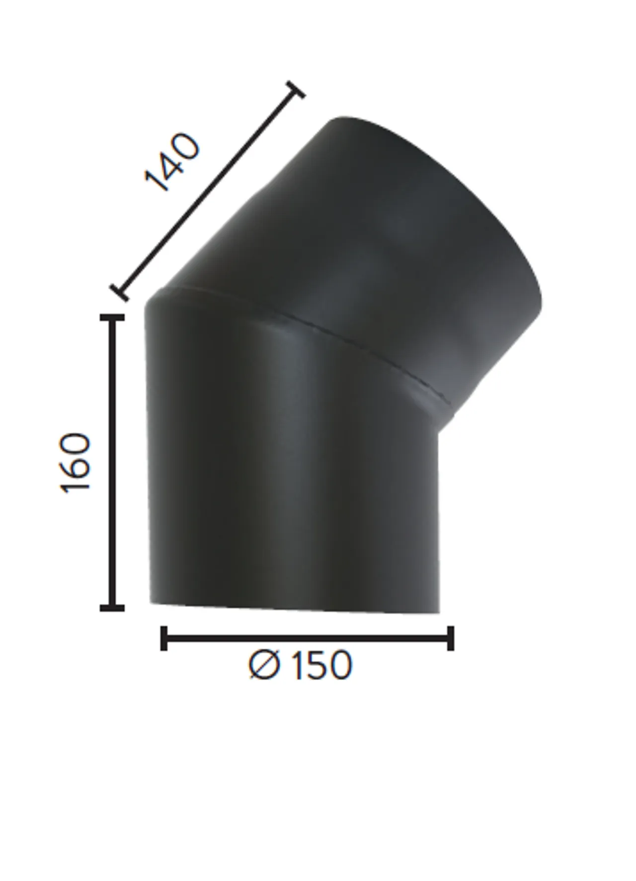 Røykrør ø150 45gr uten luke bp sort metallic lakk 2mm