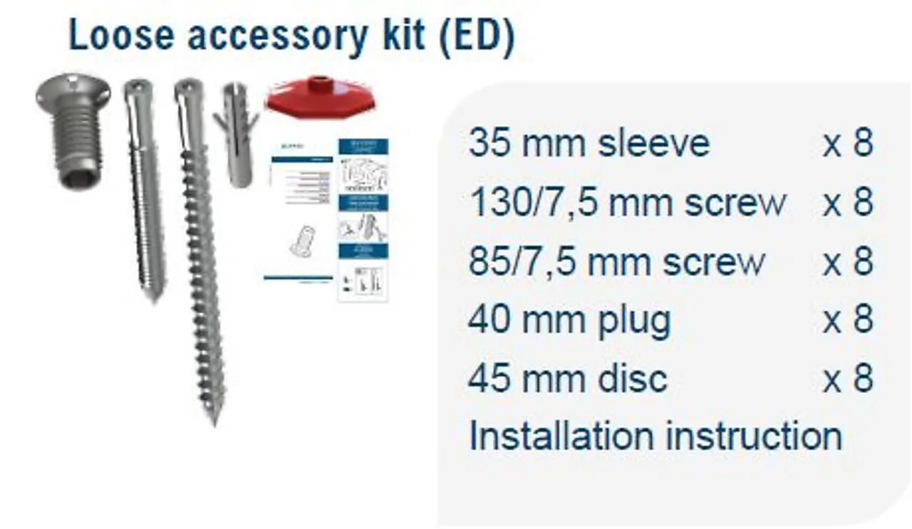 Karmskrue kit yd 7,5/85-130mm 8xskruer/hylser/plugger/disc
