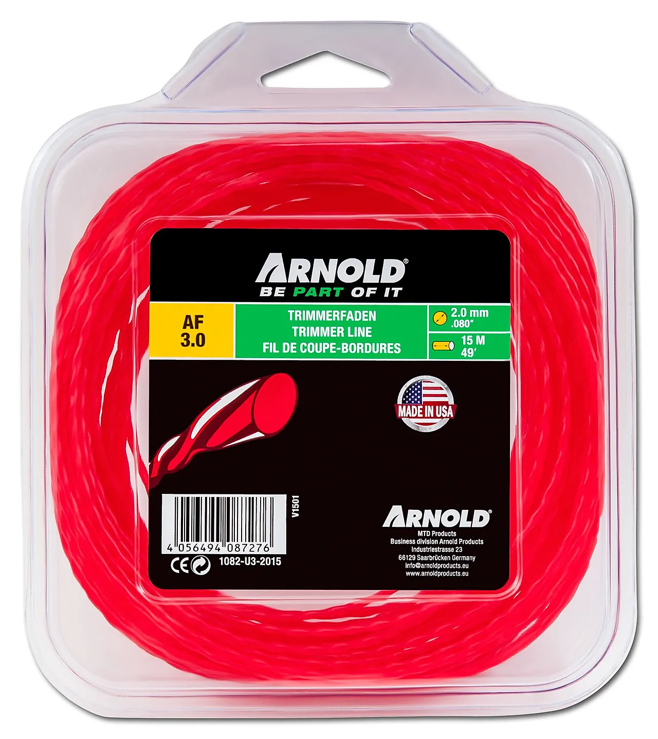 Trimmerlinje, rund, vridd, rød, 2,0 mm, 15 m