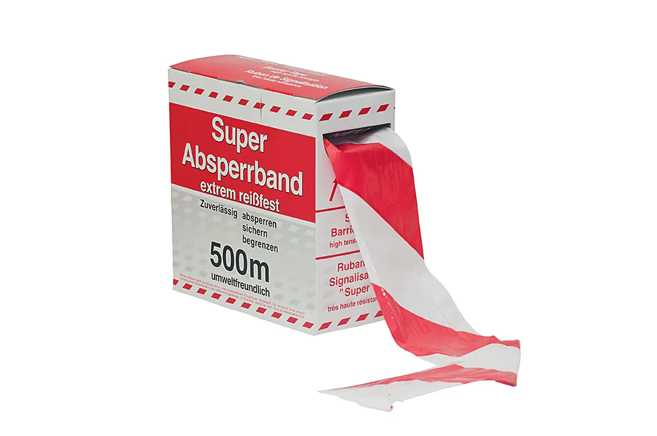 Sperrebånd rød/hvit skråstripet fp 75mmx500m