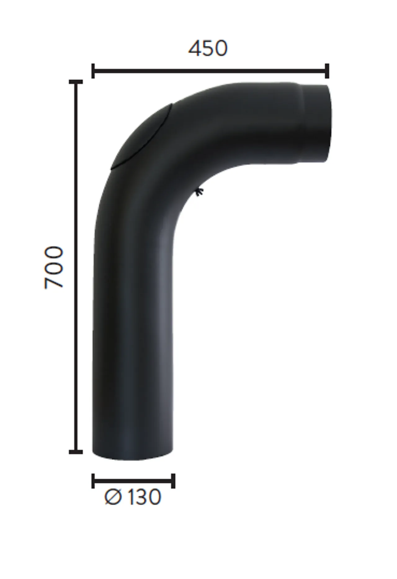 Røykrør ø130 90gr m/luke 700x450 bp sort metallic lakk 2mm