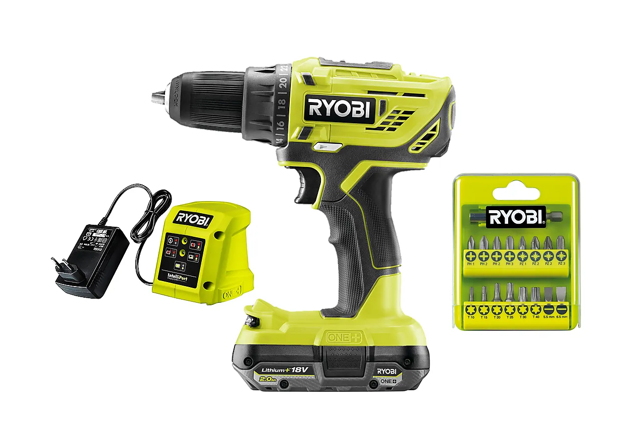 Ryobi ONE+ Drill sett R18DD32-1C20SA17 Ryobi ONE+ Drill sett R18DD32-1C20SA17