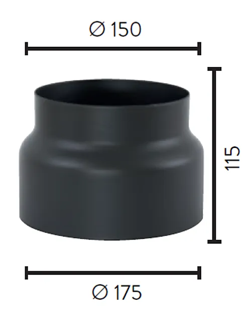 Røykrør overgang 1,25 mm Ø175 - Ø150 mm sort