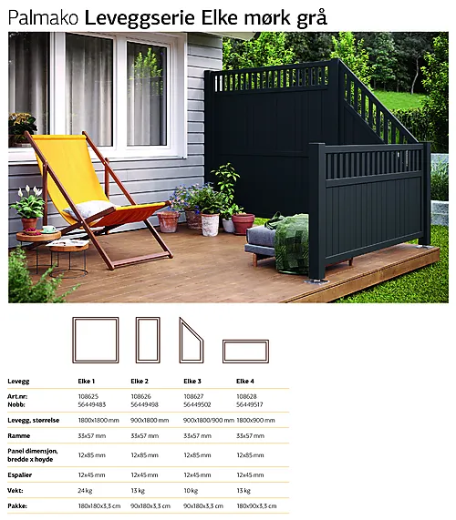 Levegg Elke 90x180 gråmalt. 33x57 mm 12 mm panel